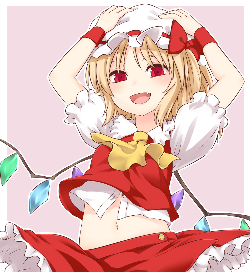 :d arms_up ascot bangs blonde_hair bow buttons cowboy_shot eyebrows_visible_through_hair fang flandre_scarlet hands_on_headwear hat hat_bow looking_at_viewer miyo_(ranthath) mob_cap navel open_mouth outside_border red_bow red_eyes red_skirt short_sleeves skirt skirt_set smile solo touhou white_hat wristband