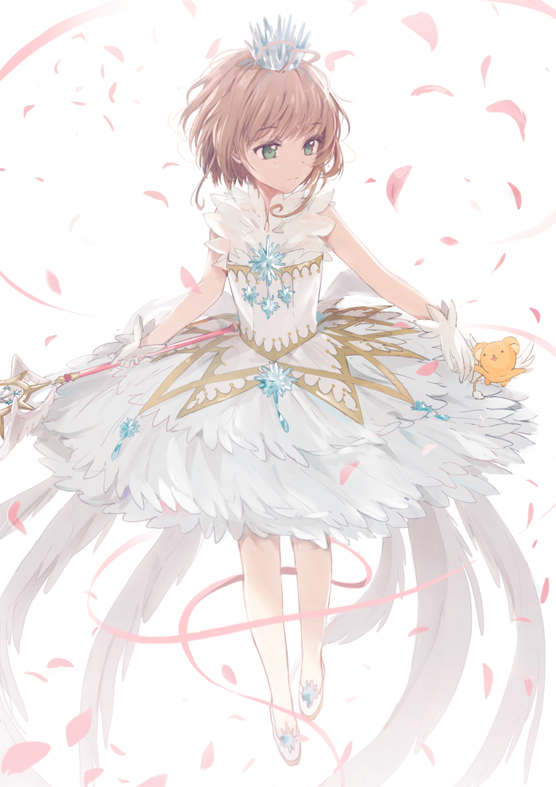 bangs brown_hair cardcaptor_sakura closed_mouth commentary crown dangmill dress eyebrows_visible_through_hair feathered_wings full_body gloves green_eyes holding holding_wand kero kinomoto_sakura light_smile looking_at_another looking_to_the_side magical_girl mini_crown petals shoes short_hair skirt sleeveless sleeveless_dress wand white_background white_dress white_footwear white_gloves white_wings wings yume_no_tsue