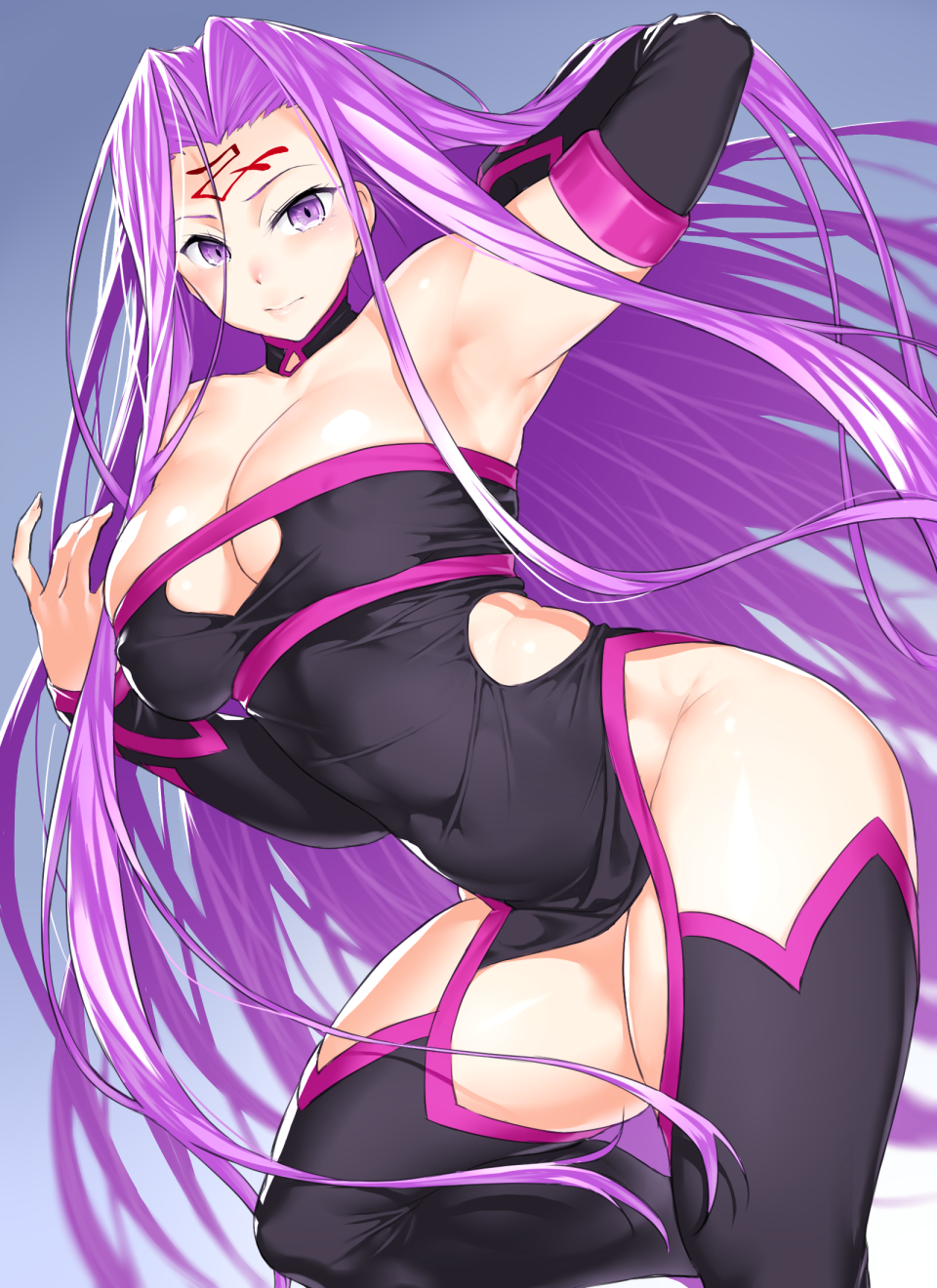 arched_back arm_up armpits bare_shoulders black_gloves black_legwear blue_background breasts cleavage covered_navel elbow_gloves fate_(series) gloves highres leg_lift long_hair looking_at_viewer medium_breasts no_blindfold onsoku_maru purple_eyes rider simple_background solo thick_thighs thighhighs thighs