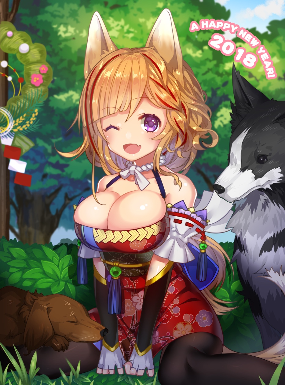 1girl 2018 ;d animal_ears asymmetrical_hair bad_hands bangs bare_shoulders black_legwear blue_sky breasts brown_hair bush chinese_zodiac cleavage day detached_sleeves dog dog_ears dog_tail elbow_gloves english fang feet_out_of_frame fingerless_gloves floral_print gloves grass happy_new_year highres large_breasts looking_at_viewer multicolored_hair nengajou new_year on_ground one_eye_closed open_mouth original outdoors pantyhose purple_eyes ribbon_trim shide sitting sky sleeping smile streaked_hair tail tassel tight tree wariza wreath year_of_the_dog