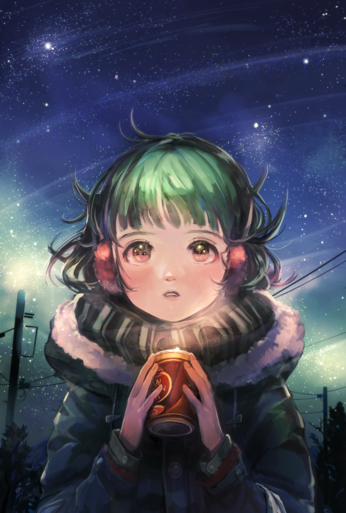 black_eyes blush can coat commentary dark drink green_hair holding looking_up night night_sky nightmare-kck open_mouth original power_lines reflective_eyes scarf sky solo star_(sky) starry_sky telephone_pole tree winter_clothes winter_coat
