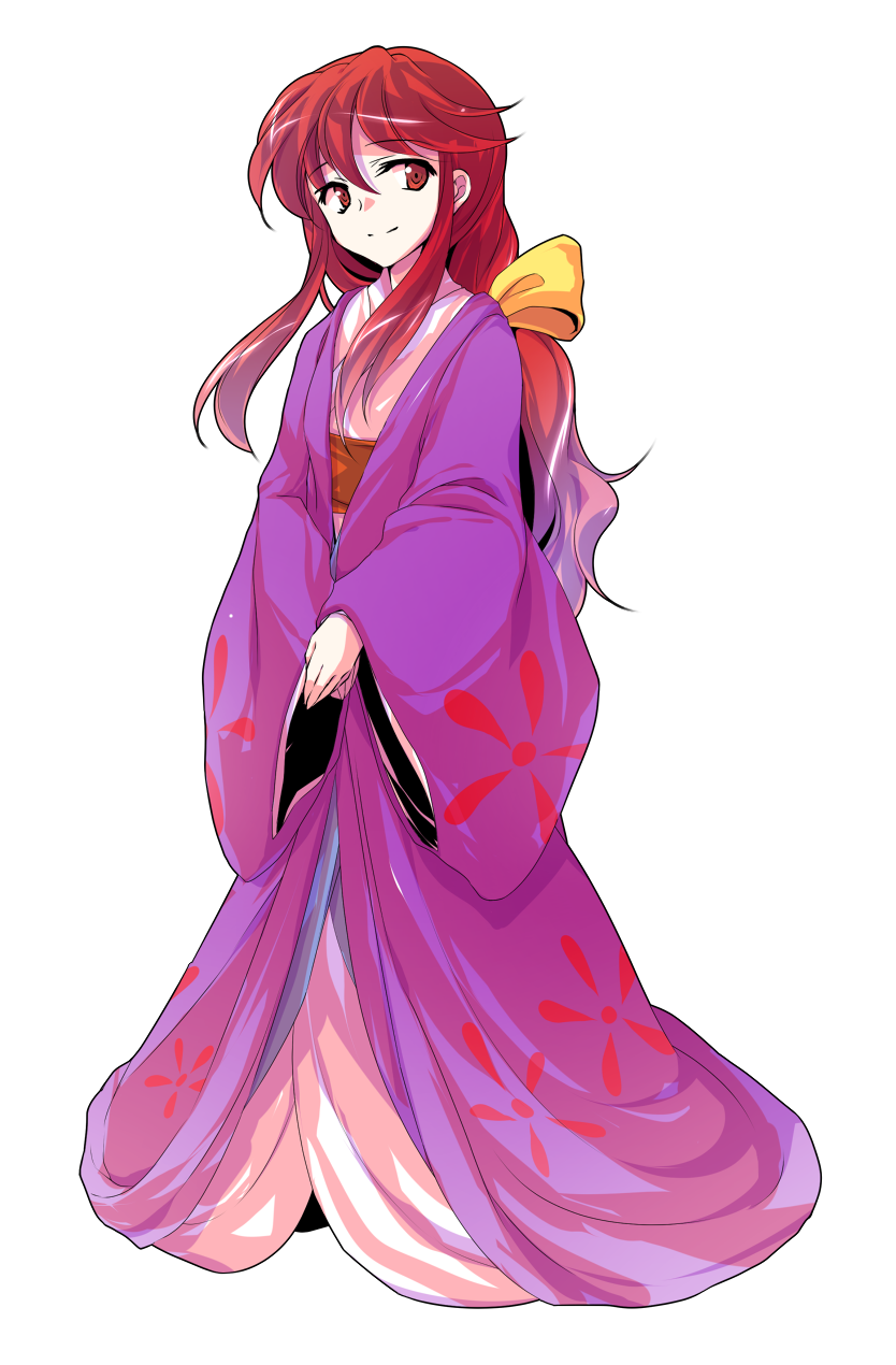 alphes_(style) bangs bow closed_mouth coat dairi floral_print full_body hair_between_eyes hair_bow hands_together highres japanese_clothes kimono kotohime long_hair long_sleeves looking_away looking_to_the_side low-tied_long_hair obi open_clothes open_coat parody purple_coat red_eyes red_hair sash smile solo standing style_parody touhou touhou_(pc-98) transparent_background v_arms white_kimono wide_sleeves yellow_bow