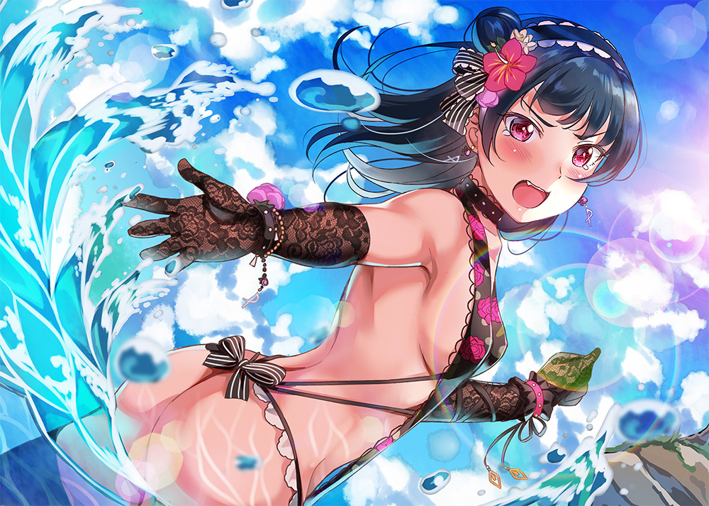 ass backless_outfit bangs black_gloves black_swimsuit blue_hair blush breasts caustics commentary_request dutch_angle elbow_gloves fang flower from_behind gloves hair_flower hair_ornament hair_ribbon hairband lens_flare long_hair looking_at_viewer looking_back love_live! love_live!_sunshine!! medium_breasts one-piece_swimsuit open_mouth purple_eyes ribbon shiny shiny_hair side_bun solo standing swimsuit tearing_up teeth tipii tsushima_yoshiko water waves