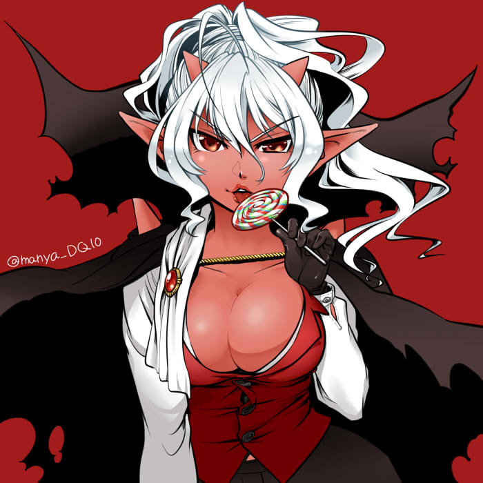 bangs black_cape black_gloves black_skirt breasts brooch buttons candy cape collarbone demon_girl demon_horns dragon_quest dragon_quest_x eyebrows eyebrows_visible_through_hair food gloves hair_between_eyes high_ponytail holding holding_lollipop horns jewelry licking lips lollipop long_hair long_sleeves looking_at_viewer medium_breasts nekomura_otako ogre_(dq10) open_mouth pleated_skirt pointy_ears popped_collar red red_background red_skin red_vest shirt simple_background skirt solo spikes swirl_lollipop torn_cape torn_clothes tsurime twitter_username uneven_eyes upper_body v-shaped_eyebrows vest wavy_hair white_hair white_shirt