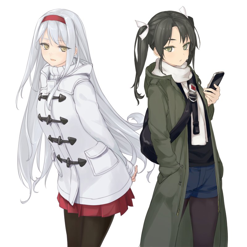 alternate_costume arms_behind_back artist_name black_legwear casual cellphone coat dated duffel_coat fashion green_eyes green_hair hair_ribbon hairband hand_in_pocket kantai_collection leaning_forward legwear_under_shorts long_hair looking_at_viewer multiple_girls pantyhose phone pleated_skirt ribbon rokuwata_tomoe shorts shoukaku_(kantai_collection) signature silver_hair simple_background skirt smartphone standing toggles trench_coat turtleneck twintails twitter_username white_background winter_clothes winter_coat yellow_eyes zuikaku_(kantai_collection)