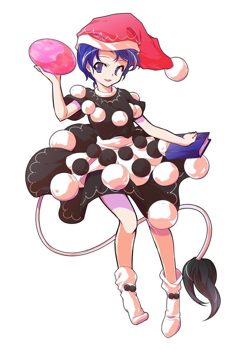 :3 :d alphes_(style) apron bare_arms blue_eyes blue_hair book dairi doremy_sweet dream_soul dress full_body hat holding legs_apart looking_away looking_to_the_side nightcap open_mouth parody pom_pom_(clothes) red_hat short_hair short_sleeves smile socks solo style_parody tail tapir_tail touhou transparent_background waist_apron white_apron white_legwear