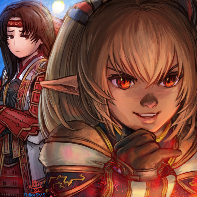 :| animal_nose armor bangs blonde_hair brown_eyes brown_hair chin_stroking close-up closed_mouth commentary crossed_arms evil_grin evil_smile final_fantasy final_fantasy_xi gloves grin headband iroha_(ff11) japanese_armor jitome kote lips long_hair looking_at_another multiple_girls parted_lips pointy_ears shantotto short_hair signature smile stephanie_sybydlo teeth upper_body v-shaped_eyebrows
