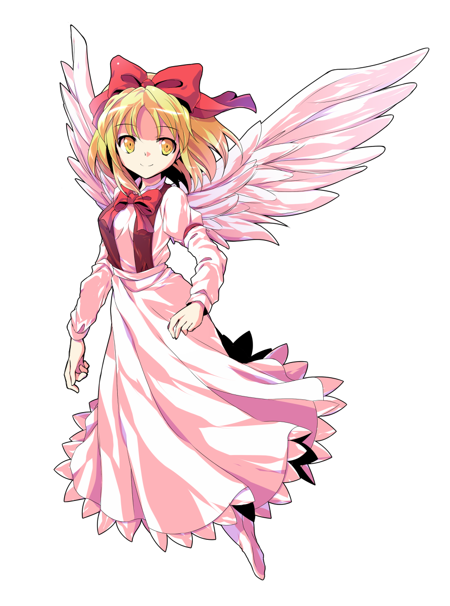 alphes_(style) black_vest blonde_hair bow bowtie closed_mouth dairi eyebrows eyebrows_visible_through_hair feathered_wings feathers full_body gengetsu hair_bow highres long_skirt long_sleeves open_clothes open_vest parody puffy_long_sleeves puffy_sleeves red_bow red_neckwear shirt short_hair skirt skirt_set smile socks solo style_parody touhou touhou_(pc-98) transparent_background vest white_legwear white_shirt white_skirt white_wings wings yellow_eyes