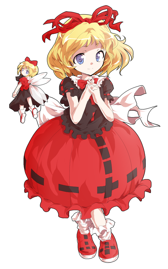 alphes_(style) bangs bare_arms black_shirt blonde_hair blue_eyes bow bowtie bubble_skirt closed_mouth crossed_legs dairi doll eyebrows eyebrows_visible_through_hair full_body hair_ribbon hands_together interlocked_fingers looking_at_viewer medicine_melancholy parody puffy_short_sleeves puffy_sleeves red_bow red_footwear red_neckwear red_ribbon red_skirt ribbon shirt shoes short_hair short_sleeves skirt smile socks solo standing style_parody su-san tareme touhou transparent_background watson_cross white_legwear