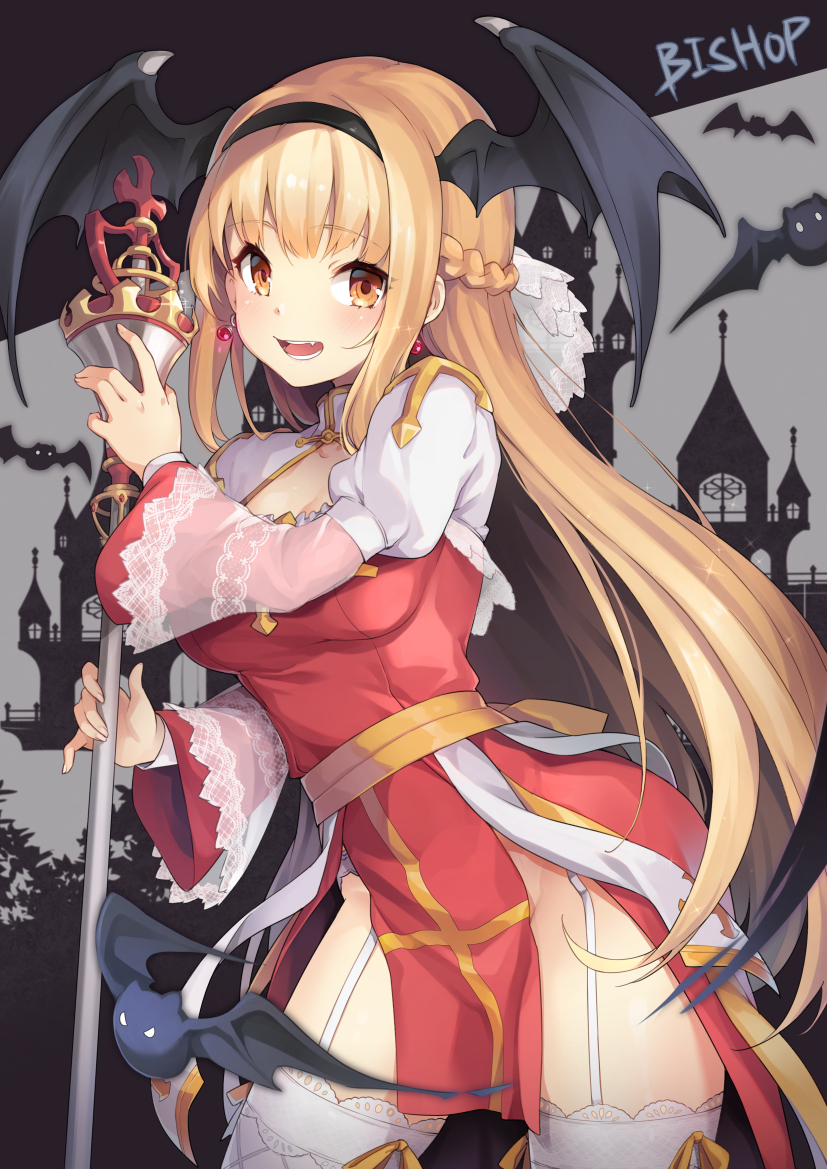 3.14 archbishop bangs bat blonde_hair blush braid breasts brown_eyes character_name commentary contrapposto eyebrows_visible_through_hair garter_belt hairband half_updo head_wings long_hair looking_at_viewer medium_breasts open_mouth pelvic_curtain ragnarok_online smile solo staff standing teeth thighhighs thighs white_garter_belt wide_sleeves