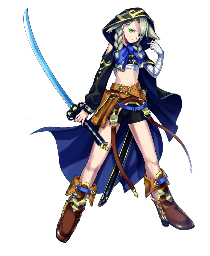 bandaged_arm bandages belt black_shorts blue_bow blue_cape bow braid brown_footwear cape full_body green_eyes grey_hair hair_over_one_eye holding holding_sword holding_weapon hood long_sleeves looking_at_viewer midriff neko_miya original pouch sheath shorts standing sword weapon