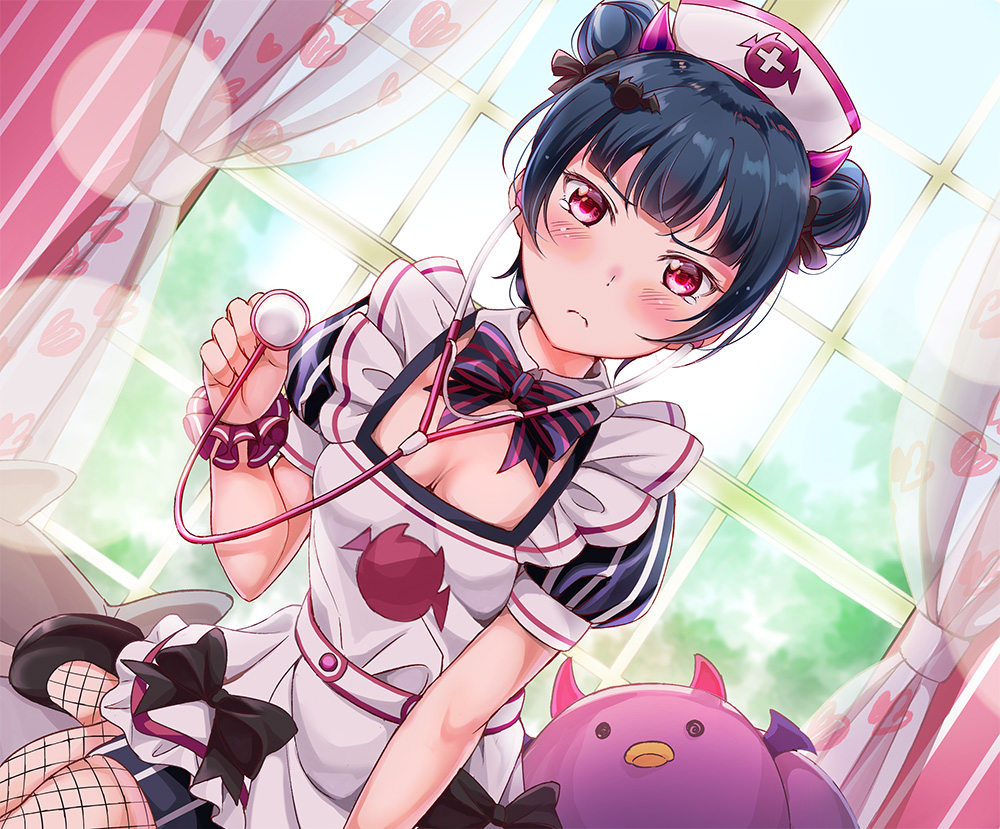 bangs bat_hair_ornament blue_hair blush breasts cleavage closed_mouth commentary_request double_bun dutch_angle fishnet_pantyhose fishnets frown hair_ornament hair_ribbon hat indoors light_particles looking_at_viewer love_live! love_live!_sunshine!! medium_breasts nurse nurse_cap pantyhose puffy_sleeves purple_eyes ribbon shiny shiny_hair short_hair sitting solo stethoscope tearing_up tipii tsushima_yoshiko window
