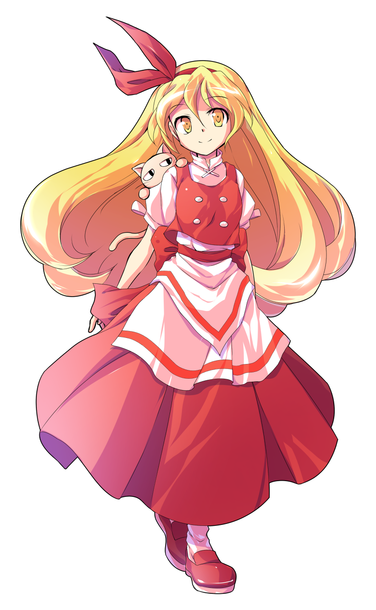 alphes_(style) animal animal_on_shoulder apron arms_behind_back bangs bare_arms blonde_hair bow breasts buttons cat closed_mouth dairi ellen eyebrows eyebrows_visible_through_hair full_body hair_between_eyes hairband highres loafers long_hair long_skirt long_sleeves looking_at_viewer medium_breasts parody pet puffy_short_sleeves puffy_sleeves red_bow red_footwear red_hairband red_ribbon red_skirt red_vest ribbon shirt shoes short_sleeves skirt skirt_set smile sokrates_(touhou) solo standing style_parody tareme touhou touhou_(pc-98) transparent_background turtleneck vest waist_apron white_apron white_legwear white_shirt yellow_eyes