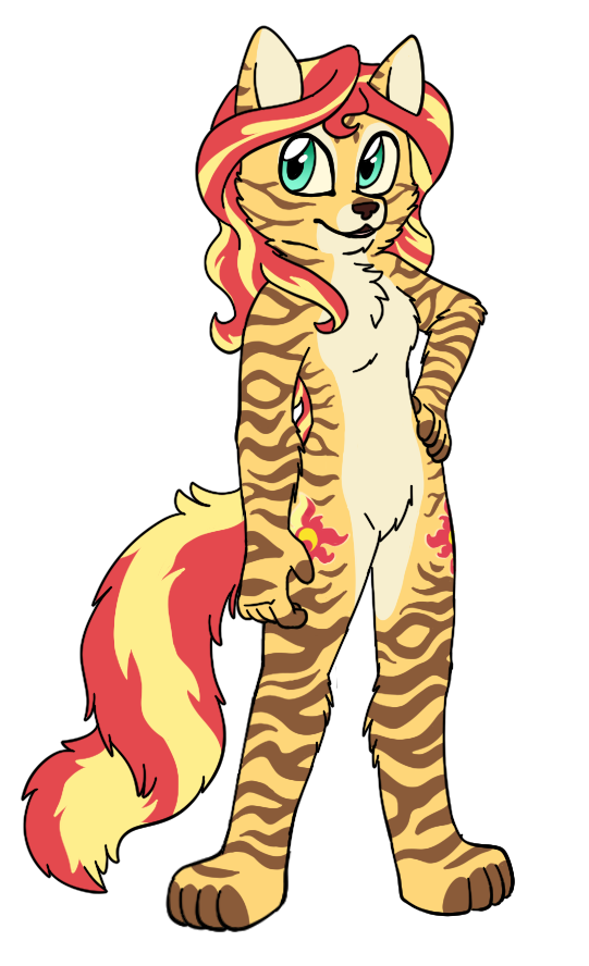2018 alpha_channel alternate_species anthro blue_eyes breasts cat cheek_tuft chest_tuft cutie_mark elbow_tufts equestria_girls featureless_breasts featureless_crotch feline female fingerless_(marking) fur fuzzywhatzit hair hand_on_hip looking_at_viewer mammal multicolored_hair my_little_pony open_mouth open_smile simple_background small_breasts smile solo striped_fur stripes sunset_shimmer_(eg) toeless_(marking) transparent_background tuft