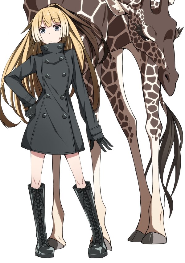 alternate_costume animal arm_at_side bangs black_dress black_footwear black_gloves blonde_hair blue_eyes boots brown_hair buttons closed_mouth cross-laced_footwear dress eyebrows eyebrows_visible_through_hair full_body giraffe gloves gradient_hair hair_between_eyes hand_on_hip high_ponytail hirayama_(hirayamaniwa) kemono_friends lace-up_boots legs_apart long_hair long_sleeves looking_at_viewer multicolored_hair no_animal_ears no_horn no_tail reticulated_giraffe_(kemono_friends) short_dress simple_background solo standing tareme turtleneck white_background white_hair