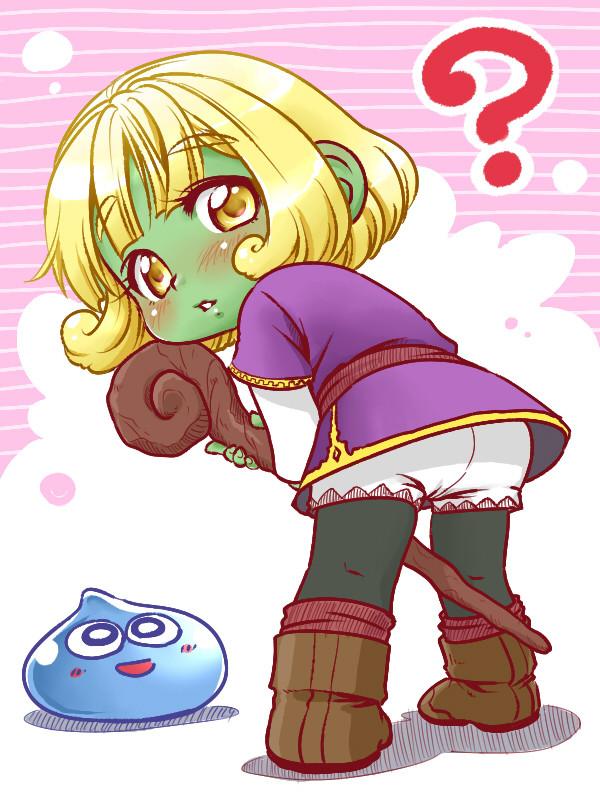 ? bangs bent_over between_legs black_legwear blonde_hair blush bob_cut boots brown_footwear creature curly_hair dragon_quest dragon_quest_x dress dwarf_(dq10) eyebrows eyebrows_visible_through_hair eyelashes from_behind full_body green_skin holding holding_staff kneepits legs_apart long_sleeves looking_at_viewer looking_back nekomura_otako pantyhose parted_lips purple_dress puzzle_&amp;_dragons shadow short_hair short_sleeves shorts shorts_under_dress slime_(dragon_quest) solo staff standing tareme thick_eyebrows white_shorts yellow_eyes