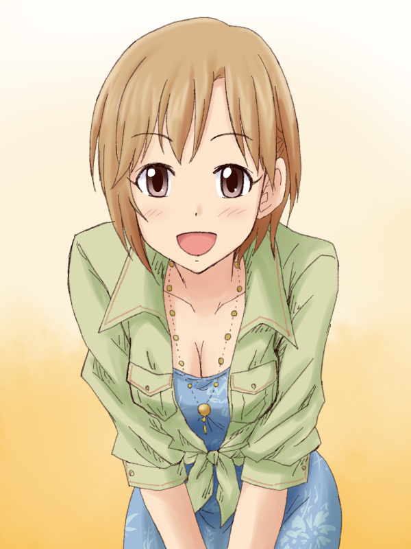 :d aiba_yumi bangs blue_dress breasts brown_eyes brown_hair cleavage collarbone commentary_request cowboy_shot dress eyebrows_visible_through_hair floral_print gradient gradient_background green_shirt hands_on_own_knees idolmaster idolmaster_cinderella_girls jewelry large_breasts leaning_forward lielos line_shading looking_at_viewer necklace open_clothes open_mouth open_shirt parted_bangs shirt smile solo standing tan_background tied_shirt yellow_background