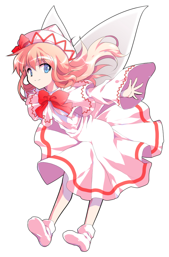 alphes_(style) bangs bent_over blue_eyes bow bowtie capelet closed_mouth dairi dress eyebrows eyebrows_visible_through_hair fairy fairy_wings full_body hair_between_eyes hat hat_bow legs_apart lily_white long_hair long_sleeves looking_away looking_to_the_side orange_hair outstretched_arms parody red_bow red_neckwear smile socks solo style_parody touhou transparent_background white_capelet white_dress white_footwear white_hat wide_sleeves wings