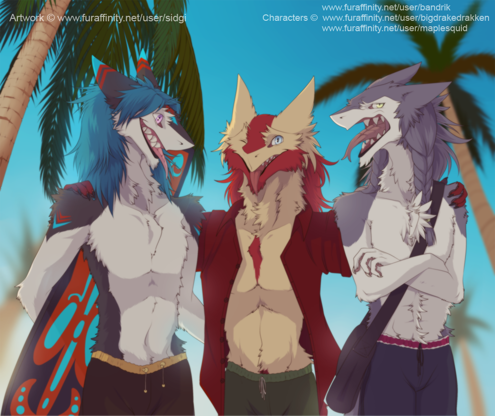 2017 4_fingers anix anthro athletic beach black_fur blue_eyes blue_hair blurred_background board board_shorts clothing crossed_arms day drago_(maplesquid) drakken_(sergal) ears_back fingerpads forked_tongue fur grey_fur grey_hair group hair hand_on_shoulder holding_object looking_aside male multicolored_fur one_eye_closed palm_trees pink_eyes red_fur seaside sergal sharp_teeth shirt shorts sidgi sky tan_fur teeth tongue tongue_out tree two_tone_fur white_fur yellow_eyes
