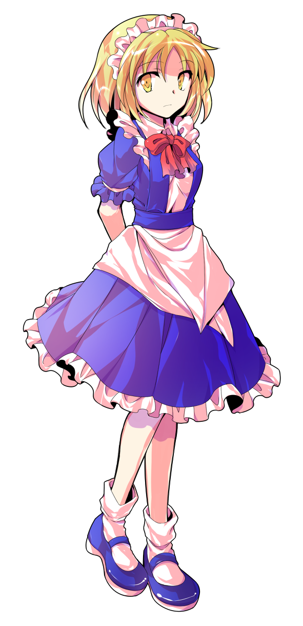 alphes_(style) apron arms_behind_back bangs blonde_hair blue_dress blue_footwear bobby_socks bow bowtie dairi dress eyebrows eyebrows_visible_through_hair frilled_dress frilled_sleeves frills frown full_body hair_between_eyes highres looking_away looking_to_the_side maid maid_apron maid_headdress mary_janes mugetsu parody puffy_short_sleeves puffy_sleeves red_bow red_neckwear shoes short_hair short_sleeves socks solo standing style_parody touhou touhou_(pc-98) transparent_background waist_apron white_apron white_legwear yellow_eyes