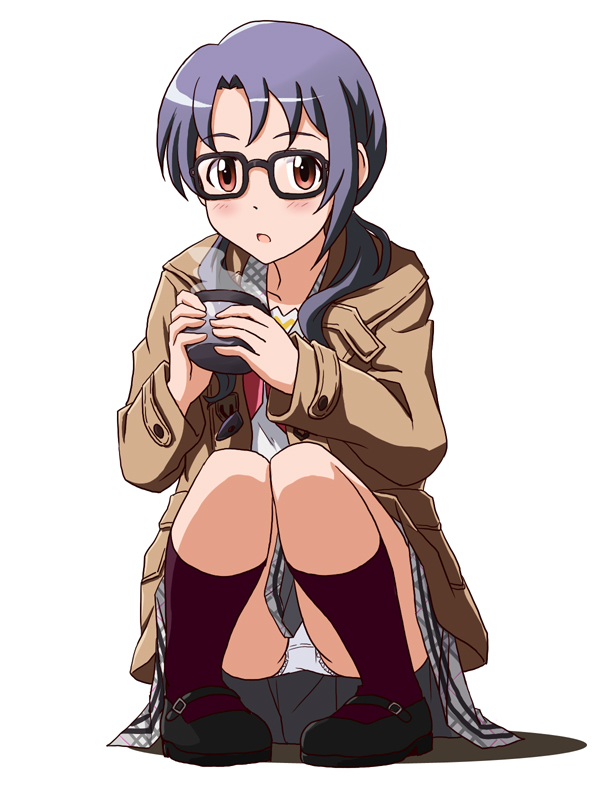 :o bangs black_footwear blue_hair brown_coat brown_eyes coat coffee_mug commentary_request cup full_body glasses hair_over_shoulder holding holding_cup idolmaster idolmaster_million_live! idolmaster_million_live!_theater_days kneehighs knees_together_feet_apart lielos long_hair looking_at_viewer mary_janes mug neckerchief open_mouth panties pantyshot pantyshot_(squatting) parted_bangs pink_neckwear plaid plaid_collar plaid_skirt red_legwear shirt shoes simple_background skirt solo squatting steam takayama_sayoko underwear white_background white_panties white_shirt