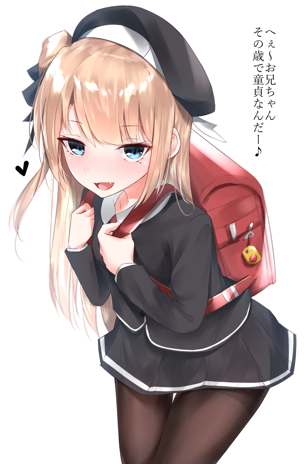 :d backpack bag bangs beret black_hat black_legwear black_shirt black_skirt blue_eyes blush collarbone collared_shirt commentary_request eighth_note eyebrows_visible_through_hair fang hands_up hat heart highres holding kanju light_brown_hair long_hair looking_at_viewer mole mole_under_eye musical_note one_side_up open_mouth original pantyhose pleated_skirt randoseru school_uniform shinonome_clair shirt simple_background skirt smile solo thighband_pantyhose translated very_long_hair white_background