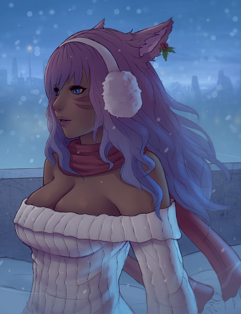 animal_ears bangs bare_shoulders blue_background breasts cat_ears cleavage commentary commission dark_skin earmuffs earrings facial_mark final_fantasy final_fantasy_xiv holly jewelry lips long_hair long_sleeves looking_away makeup mascara medium_breasts miqo'te night off-shoulder_sweater outdoors parted_lips pink_hair ribbed_sweater scarf slit_pupils snowing solo soranamae sweater upper_body white_sweater