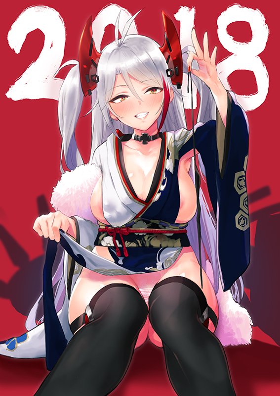 2018 alcohol azur_lane black_legwear bowcan breasts cleavage commentary_request fur_trim grin headgear huge_breasts japanese_clothes kimono long_hair looking_at_viewer new_year prinz_eugen_(azur_lane) sake sideboob silver_hair sitting smile solo teeth thighhighs two_side_up wakamezake yellow_eyes