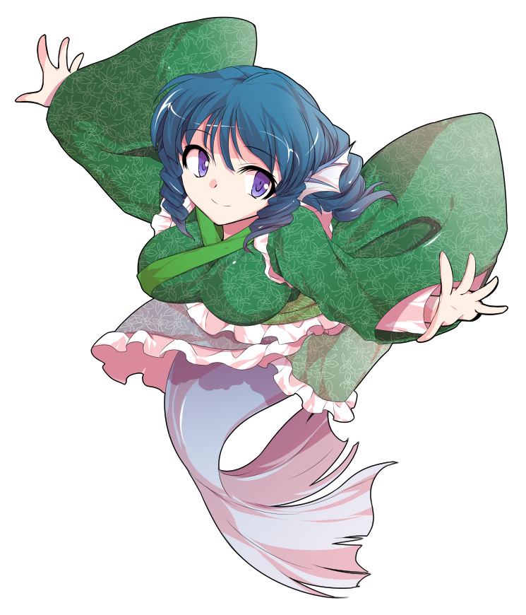 alphes_(style) bangs bent_over blue_hair breasts closed_mouth dairi drill_hair frilled_kimono frills full_body green_kimono hair_between_eyes head_fins japanese_clothes kimono long_sleeves looking_away looking_to_the_side medium_breasts mermaid monster_girl outstretched_arms parody purple_eyes short_hair smile solo style_parody touhou transparent_background wakasagihime wide_sleeves