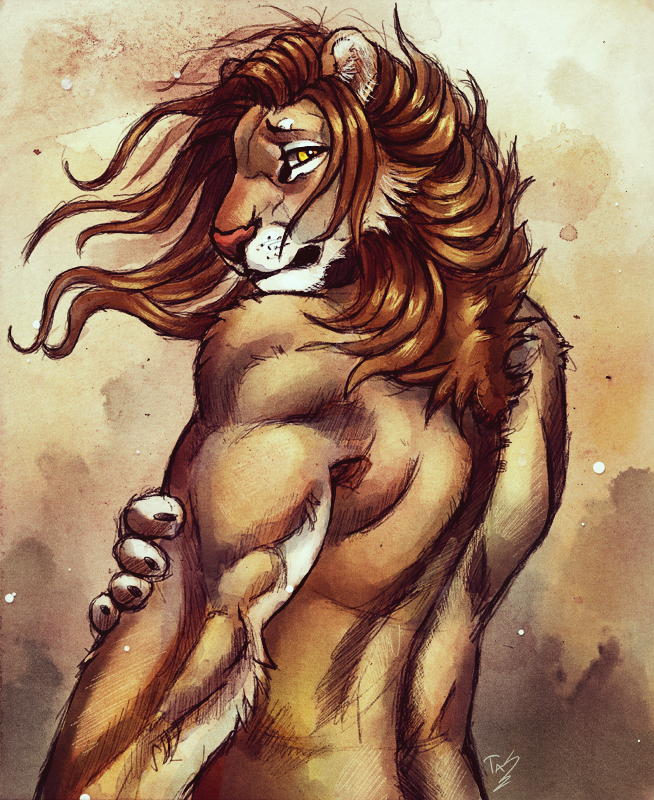 anthro brown_fur brown_hair feline fur hair lion male mammal solo tasanko traditional_media_(artwork) watercolor_(artwork) yellow_eyes