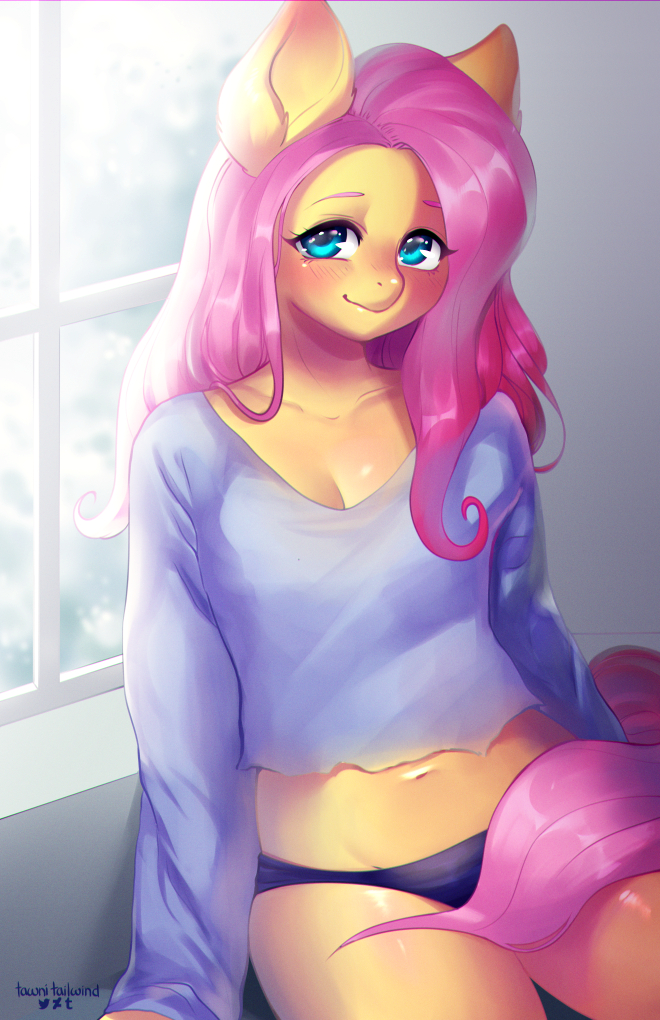 2018 anthro anthrofied blue_eyes blush breasts clothed clothing digital_media_(artwork) equine female fluttershy_(mlp) friendship_is_magic fur hair inside long_hair looking_at_viewer mammal my_little_pony navel pink_hair shirt solo tawni_tailwind underwear window yellow_fur