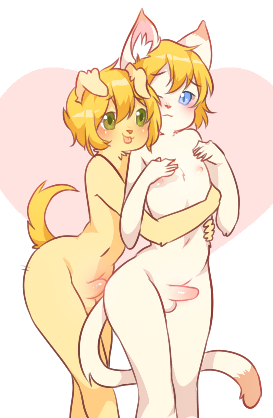 balls blep blonde_hair blue_eyes blush canine cat cub dog duo erection feline fur girly green_eyes hair holding_(disambiguation) humanoid_penis lilkittenboi male male/male mammal nipples nude penis tan_fur tongue tongue_out unconventionalrender white_fur young
