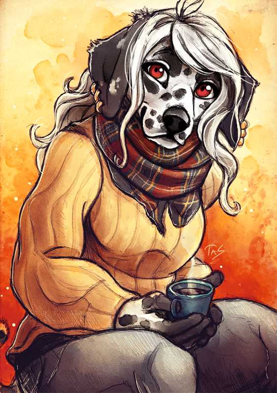 5_fingers anthro beverage canine coffee dalmatian dog female hair holding_object mammal red_eyes smile solo tasanko white_hair