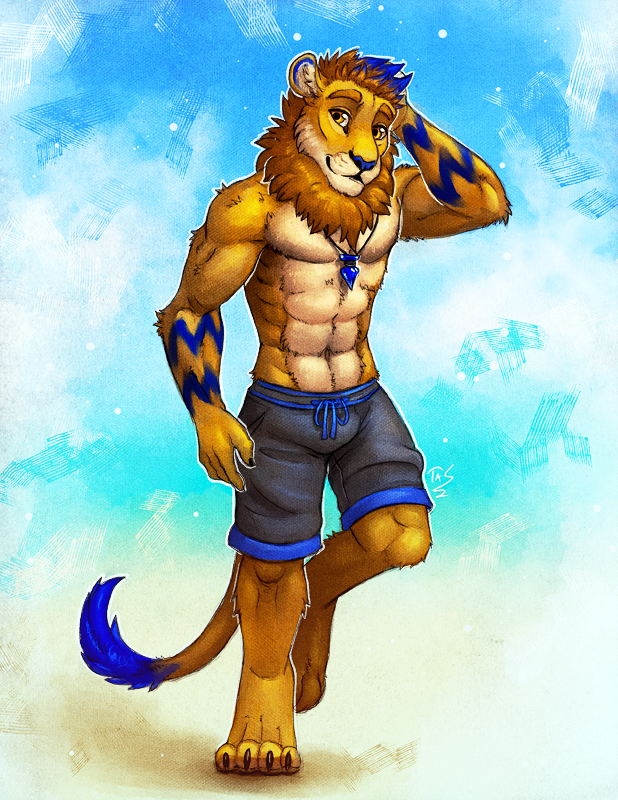 5_fingers anthro barefoot blue_nose clothed clothing digitigrade feline fur lion male mammal simple_background smile solo tasanko topless yellow_eyes yellow_fur
