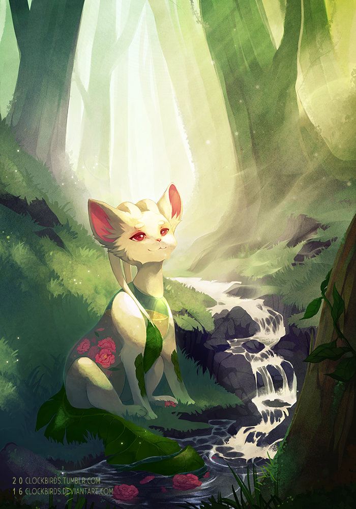 2016 aisha_(neopets) clockbirds creek detailed_background female feral flora_fauna flower forest fur grass green_fur happy high-angle_view hindpaw leaf mammal nature neopets outside pawpads paws plant red_eyes sitting smile solo sunbeam tree unusual_body waterfall
