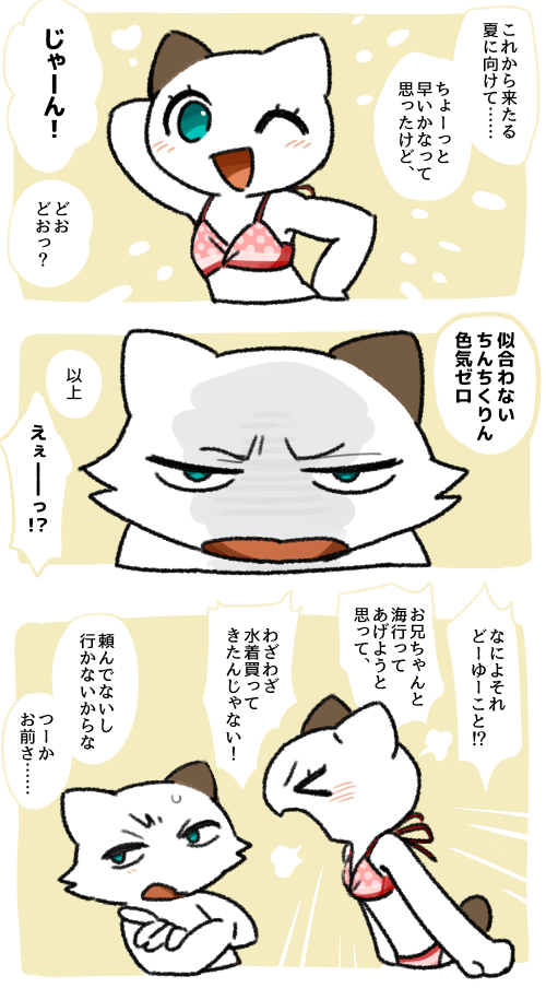 anthro bikini blush brother brother_and_sister cat clothing duo feline female japanese_text komeko-nk male mammal sibling sister sweat swimsuit text translation_request