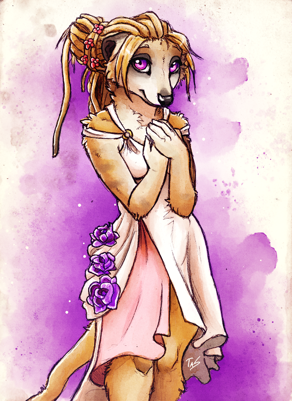 5_fingers anthro blonde_hair clothed clothing dress female hair herpestid looking_at_viewer mammal meerkat mongoose purple_eyes smile solo tasanko