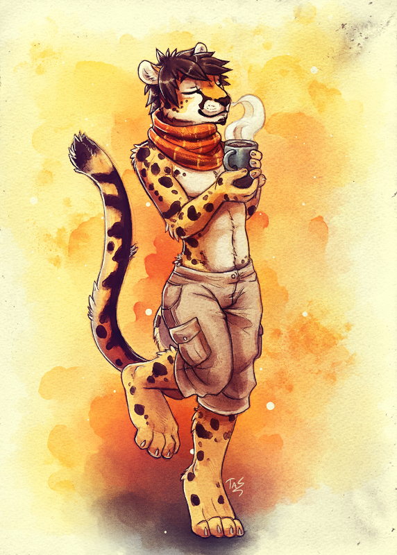 anthro barefoot black_hair cheetah clothed clothing eyes_closed feline hair holding_object male mammal scarf smile solo tasanko topless traditional_media_(artwork) watercolor_(artwork)