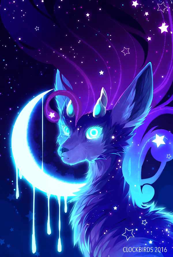 2016 ambiguous_gender blue_eyes blue_fur blue_hair blue_theme cervine clockbirds countershading crescent_moon dark_theme deer detailed_background dripping feral fur glowing glowing_eyes grey_countershading hair horn ixi looking_at_viewer looking_back mammal moon neopets night outside portrait purple_hair sky solo star starry_sky