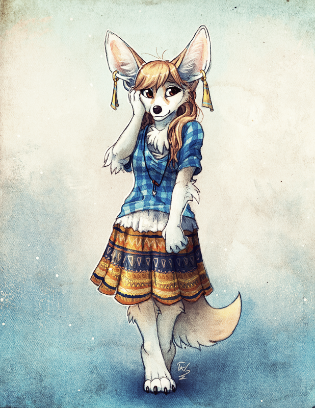 4_toes anthro barefoot black_nose blonde_hair brown_eyes canine clothed clothing digitigrade female fennec fox fur hair mammal simple_background smile solo tasanko toes white_fur