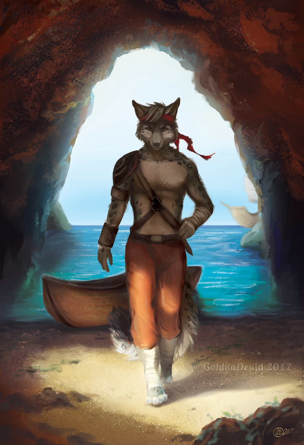 4_toes 5_fingers anthro canine clothed clothing detailed_background digital_media_(artwork) fur goldendruid grey_fur grey_hair hair male mammal solo toes topless water