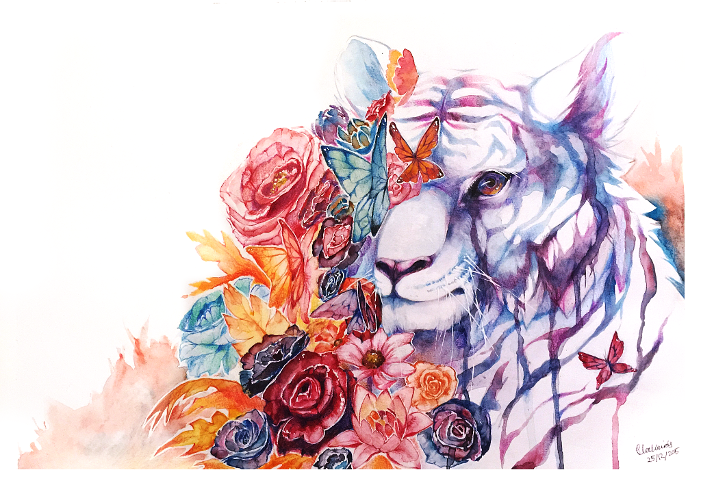 2015 ambiguous_gender arthropod blue_stripes butterfly clockbirds dripping feline feral flower fur insect looking_at_viewer mammal plant purple_fur red_stripes simple_background solo stripes tiger traditional_media_(artwork) watercolor_(artwork) white_background white_fur white_tiger yellow_eyes
