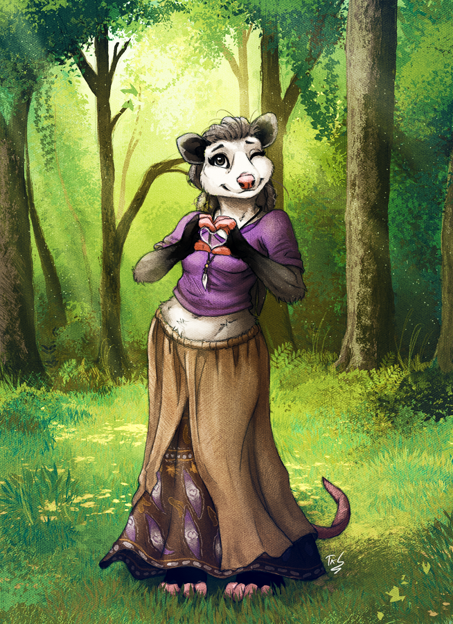 anthro clothed clothing detailed_background female forest fur grass grey_hair hair looking_at_viewer mammal marsupial one_eye_closed opossum smile solo tasanko tree white_fur