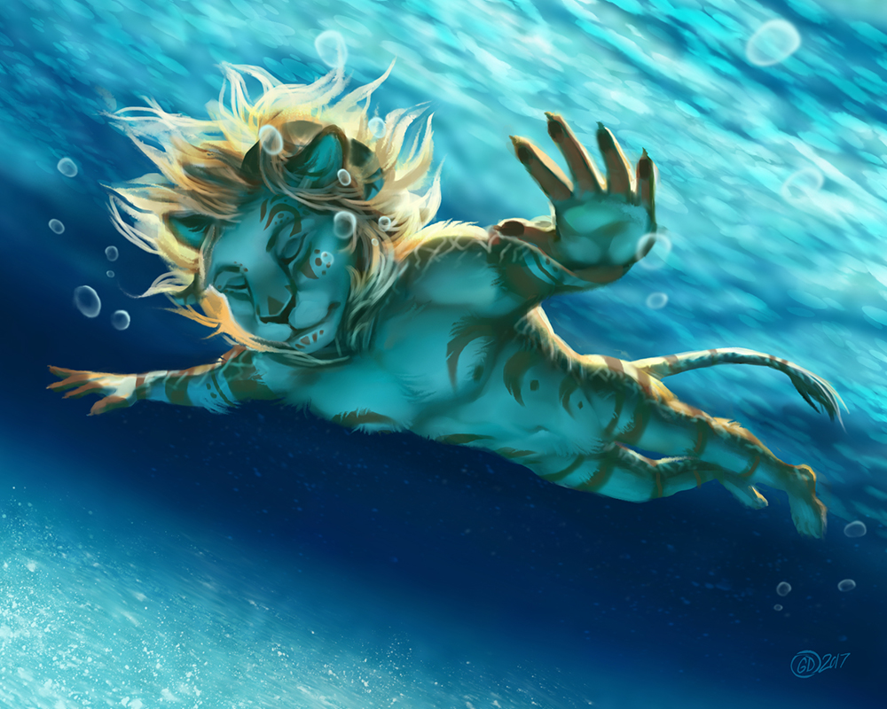 2017 5_fingers detailed_background digital_media_(artwork) featureless_crotch feline goldendruid lion mammal navel nude underwater water