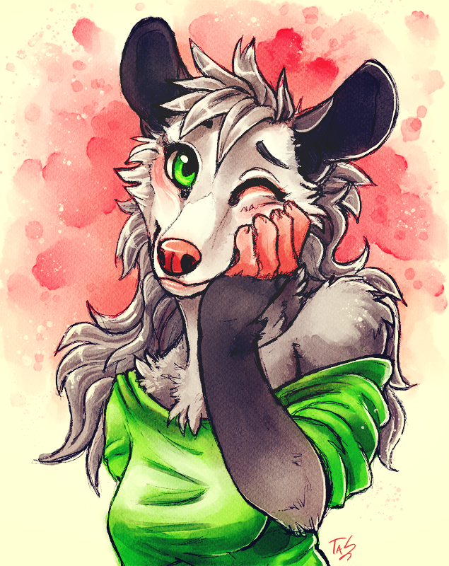 5_fingers anthro clothed clothing female green_eyes grey_hair hair looking_at_viewer mammal marsupial one_eye_closed opossum pink_nose smile solo tasanko traditional_media_(artwork) watercolor_(artwork)