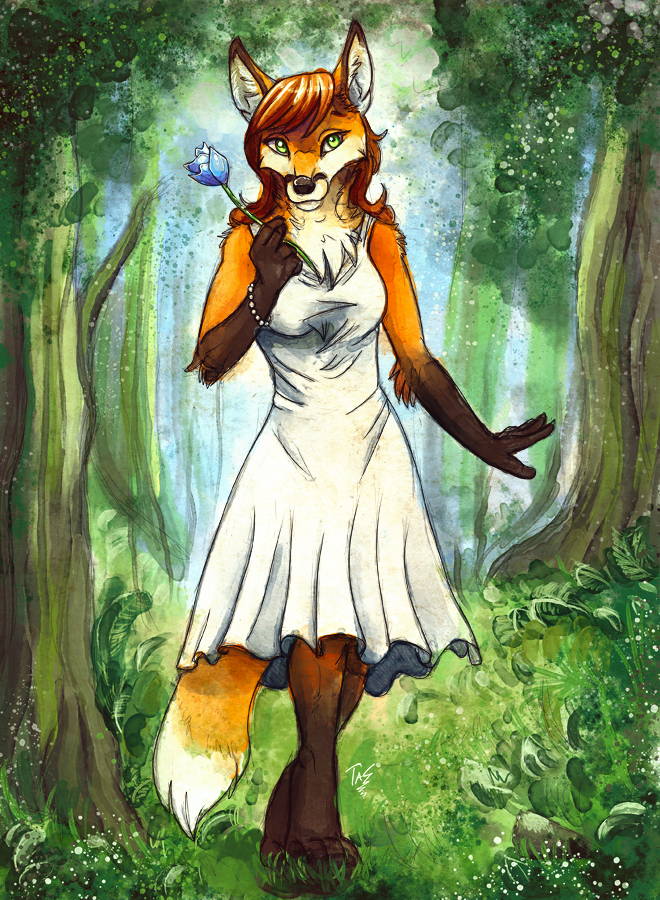 anthro barefoot black_nose brown_hair canine clothed clothing dress female flower forest fox fur grass green_eyes hair holding_flower holding_object mammal orange_fur plant solo standing tasanko traditional_media_(artwork) tree watercolor_(artwork)