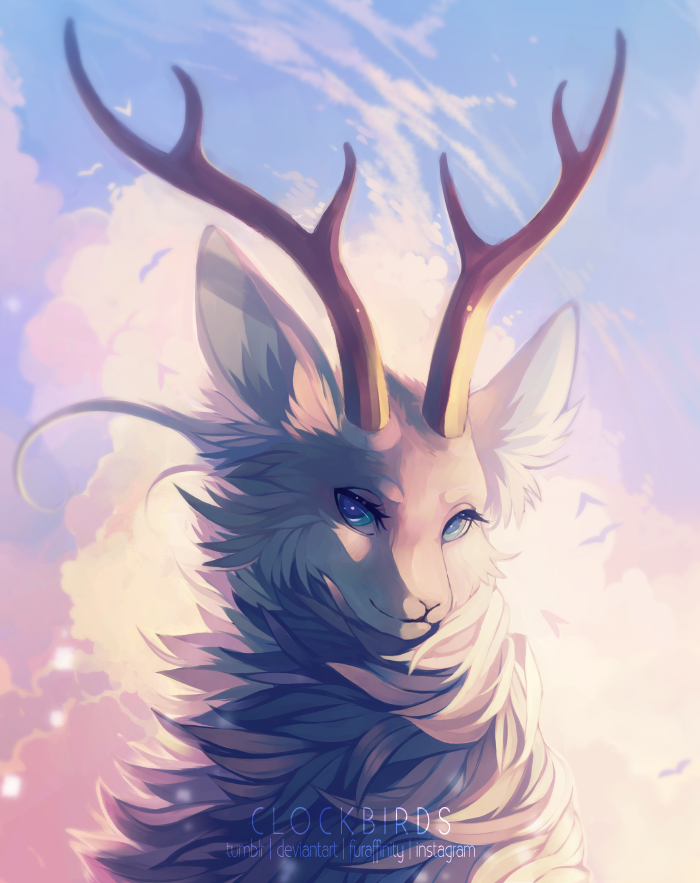 ambiguous_form ambiguous_gender antlers blue_eyes brown_fur cervine clockbirds cloud countershading deer detailed_background fur horn looking_at_viewer mammal outside portrait sky solo white_countershading