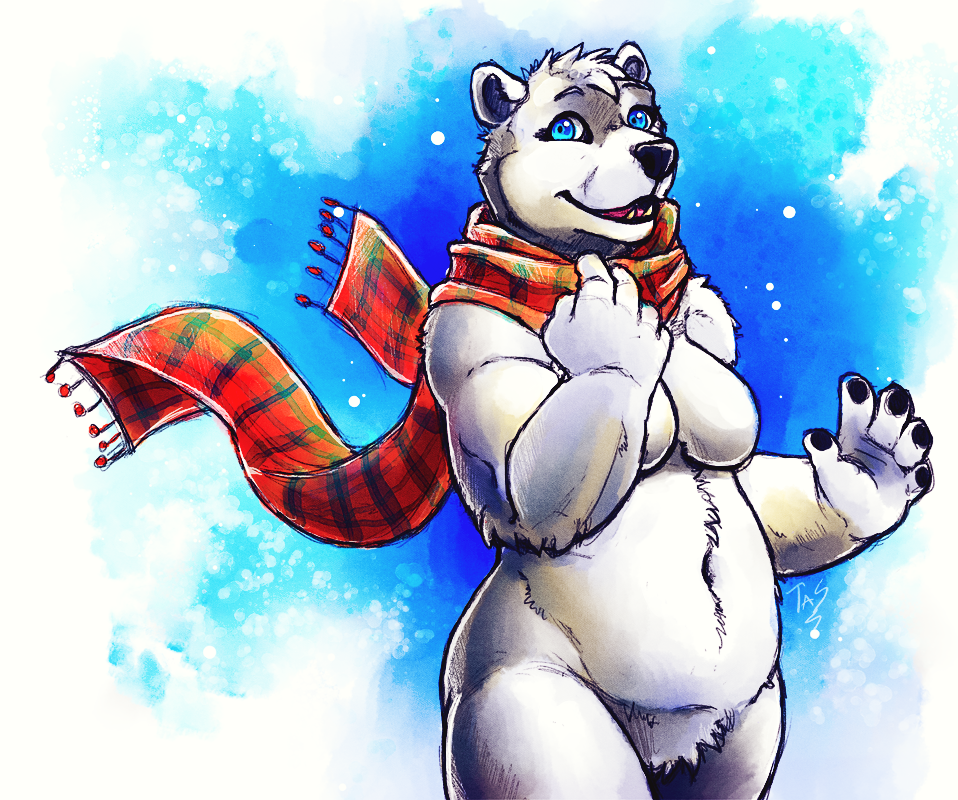 5_fingers anthro bear blue_eyes breasts featureless_breasts female looking_at_viewer mammal navel nude open_mouth polar_bear smile solo tasanko teeth tongue
