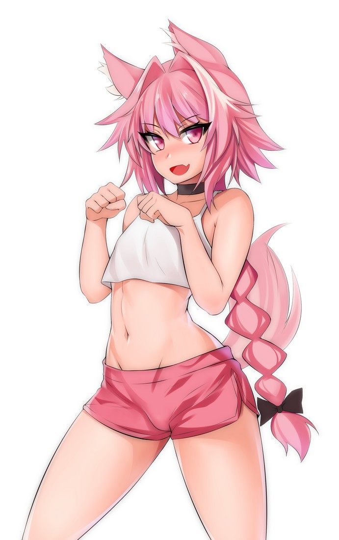 2018 5_fingers animal_humanoid astolfo_(fate) blush bulge canine canine_humanoid choker clothed clothing crop_top cute_fangs digital_media_(artwork) fate_(series) fingers front_view fur girly hair hevn_(artist) human humanoid long_hair looking_at_viewer male mammal midriff navel open_mouth pink_eyes pink_fur pink_hair portrait shirt shorts simple_background smile solo standing three-quarter_portrait white_background wide_hips wolf wolf_humanoid