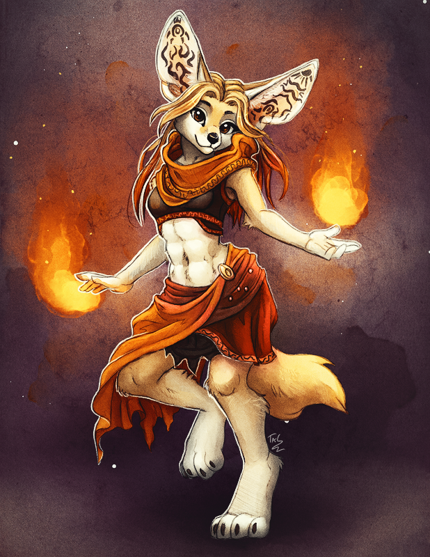 anthro barefoot black_nose blonde_hair breasts brown_nose canine clothed clothing digitigrade female fennec fire fox hair looking_at_viewer mammal midriff navel smile solo tasanko